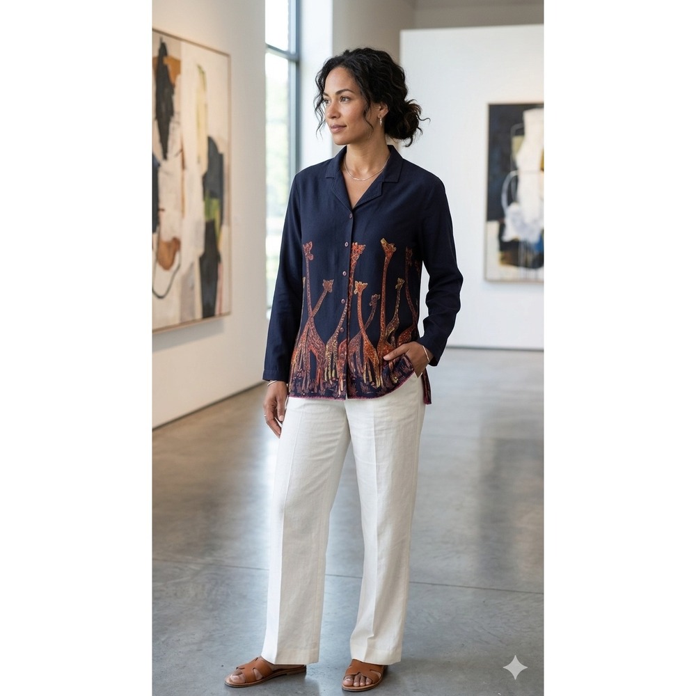 Vintage Phool Black Giraffe Border Print Rayon Button Front Shirt Womens Medium